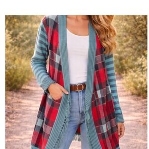 Matilda Jane Mixed Print Cardigan MEDIUM Plaid & Stripes Boho Fringe Vibrant